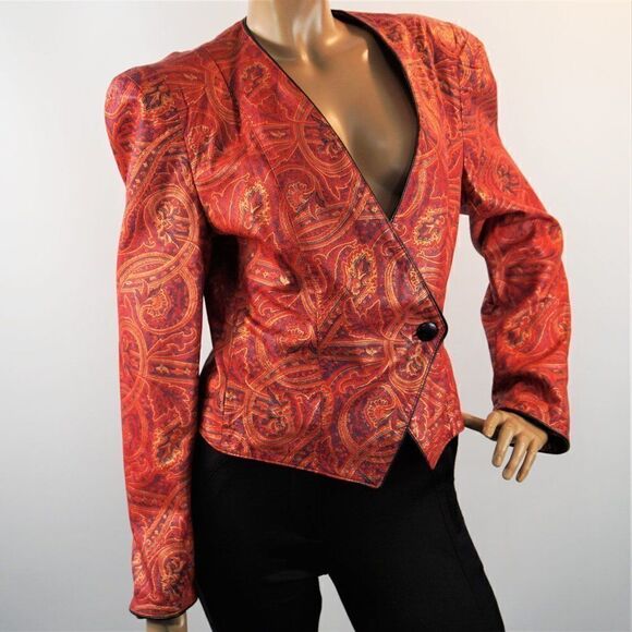 80s Vintage Designer Carlos Falchi Painted Leather Blazer 1 Button Jacket Sz 12 - Picture 6 of 13